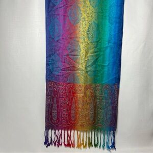 70% Pashmina 30% Silk Scarf Rainbow Pattern Paisley Fringe 13.5” X 80”